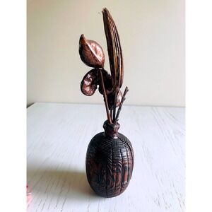 Vintage Rustic Carved Wood Vase with Dried Botanical Arrangement Earth Tones 13"